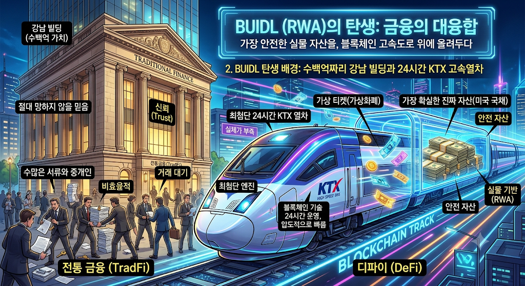 BUIDL 탄생 배경을 수백억짜리 강남 빌딩(전통 금융)과 24시간 KTX 고속열차(디파이)의 융합으로 알기 쉽게 설명한 인포그래픽