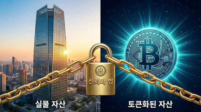초고층 실물 자산 빌딩과 토큰화된 자산을 '신뢰와 법' 자물쇠로 견고하게 연결하여 RWA 공정 신뢰 담보를 완성한 합성 이미지.