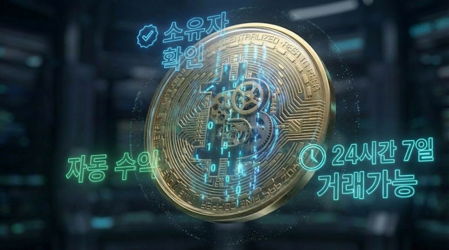 스마트 계약 코드로 소유자 확인, 자동 수익, 24시간 거래를 가능하게 하는 RWA 공정 디지털 증서 개념의 토큰 일러스트.